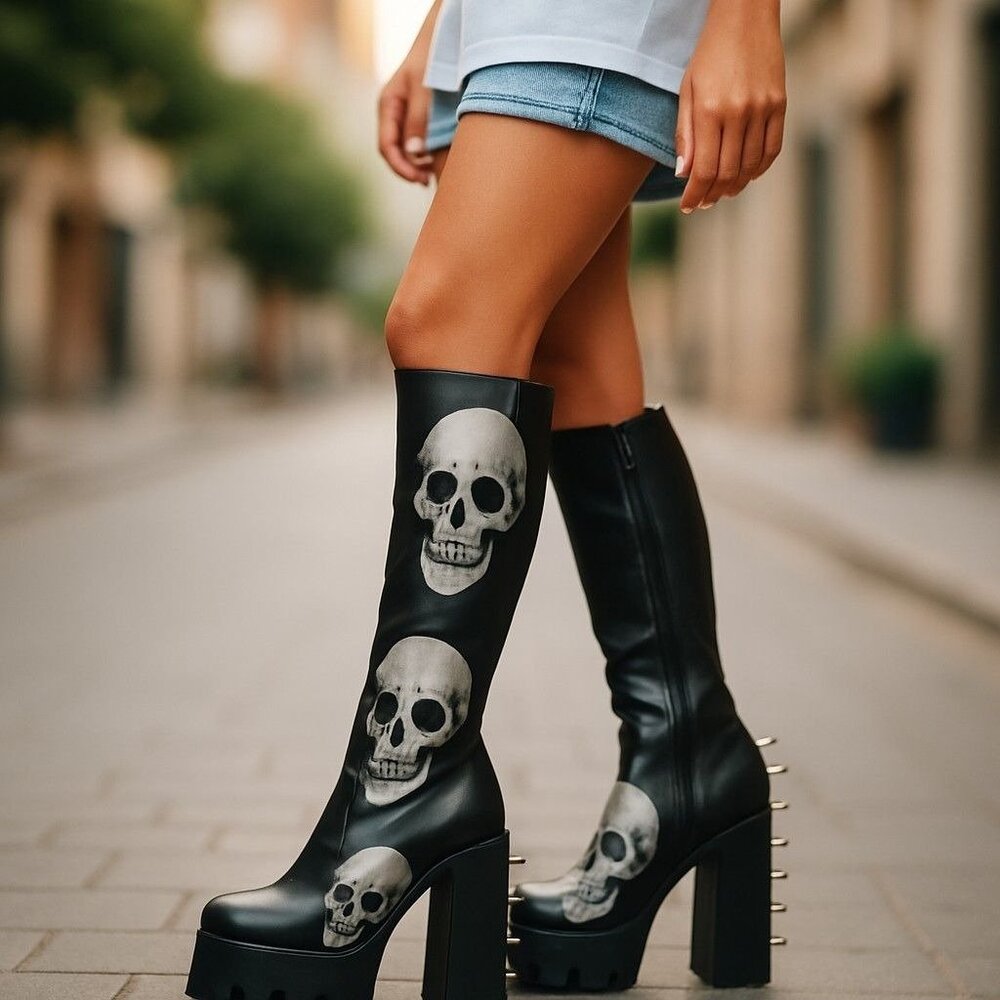 La Moda "Dolls Kill" Goth Platform Boots Black Knee-High Skulls Block Heel Sz. 9